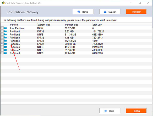 Step 4 Select found partition.