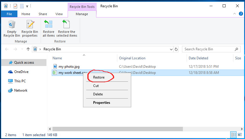 Restore deleted files in Recycle Bin