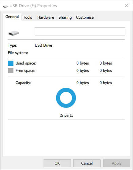  used space and the free space are displayed as 0 bytes. The file system is RAW.