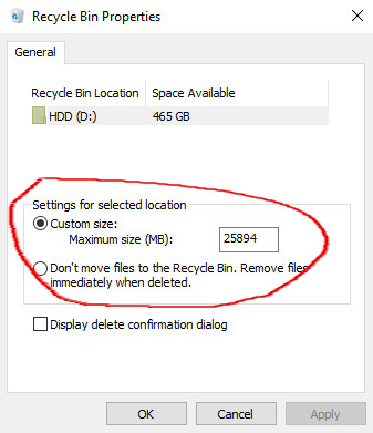recycle bin properties