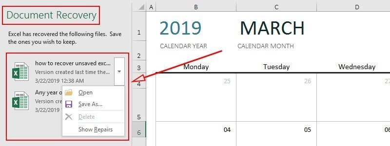 excel autorecover panel