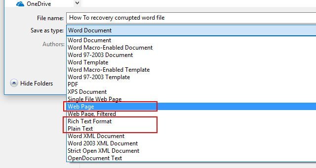 word save as html rtf txt