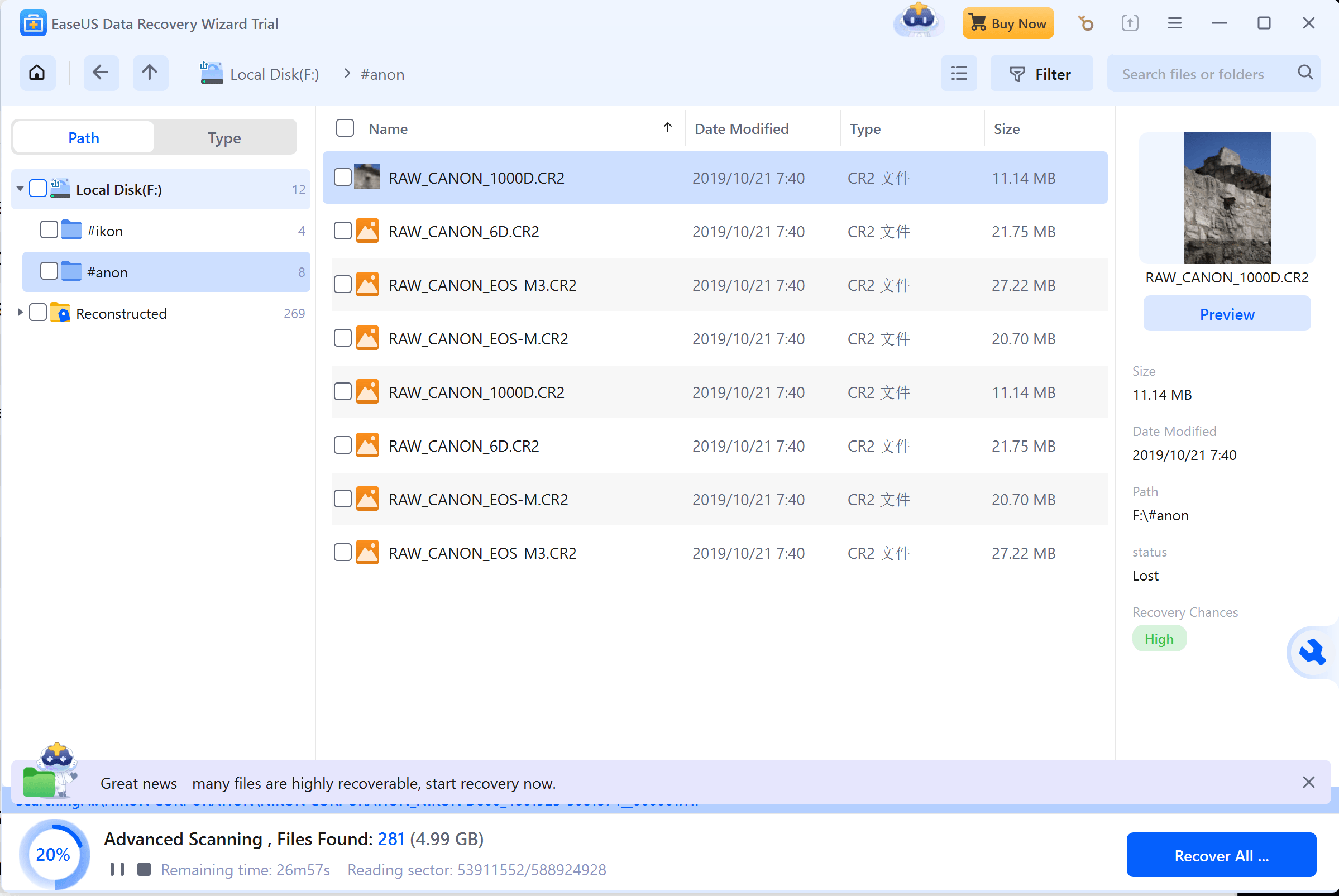 EaseUS and Recuva RAW Scan Duration Evaluation Log