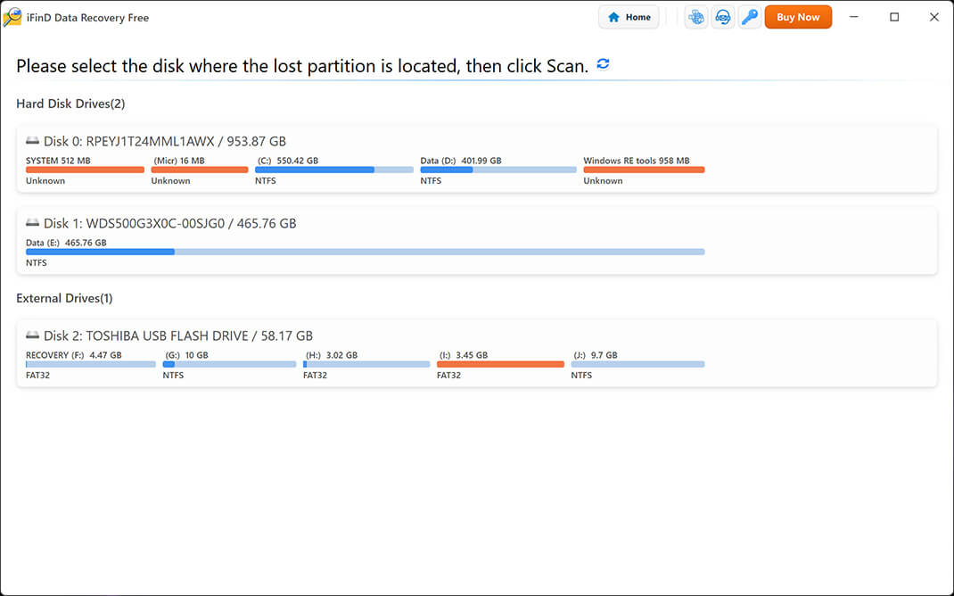 Select the disk containing the lost partition in iFinD Data Recovery