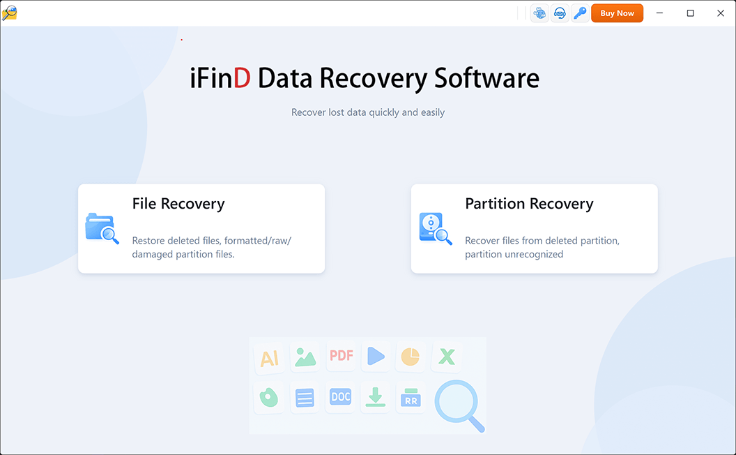 ifind-data-recovery-welcome-interface-choose-recovery-mode iFinD Data Recovery welcome screen interface options for File Recovery and Partition Recovery modes.
