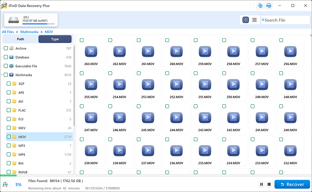 iFinD Data Recovery real-time scanning tree view