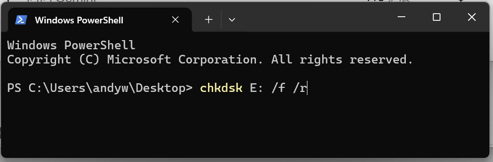 Running the CHKDSK command in Windows Command Prompt to repair disk errors
