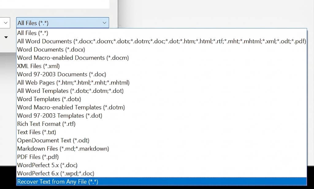 Selecting the Recover Text from Any File option in the Microsoft Word open dialog