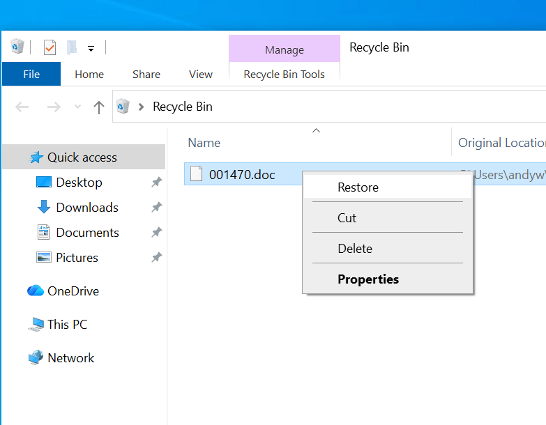 Right-clicking a deleted Word document in the Windows Recycle Bin to restore it
