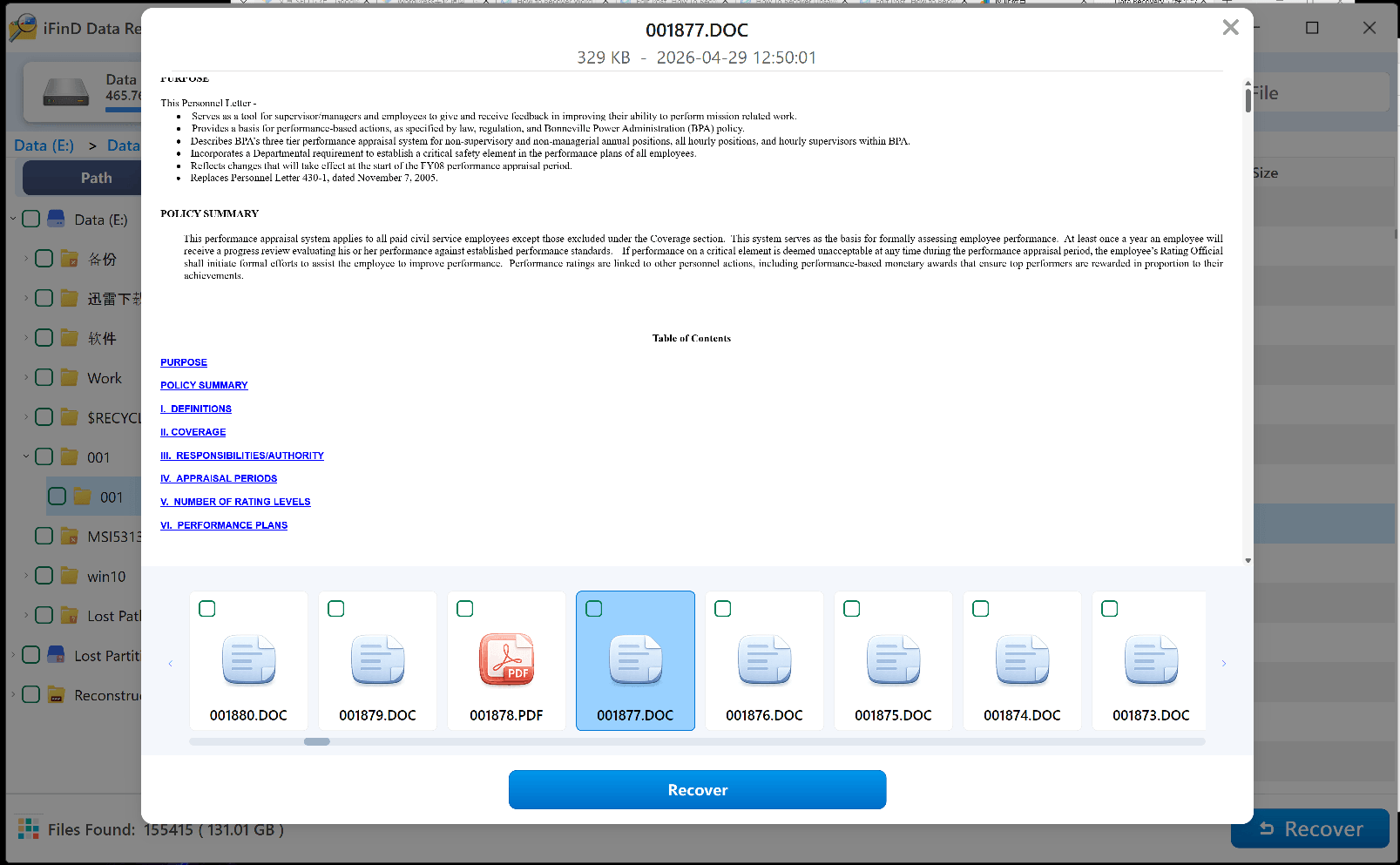 Previewing the text content of a recovered Word document directly inside iFinD Data Recovery