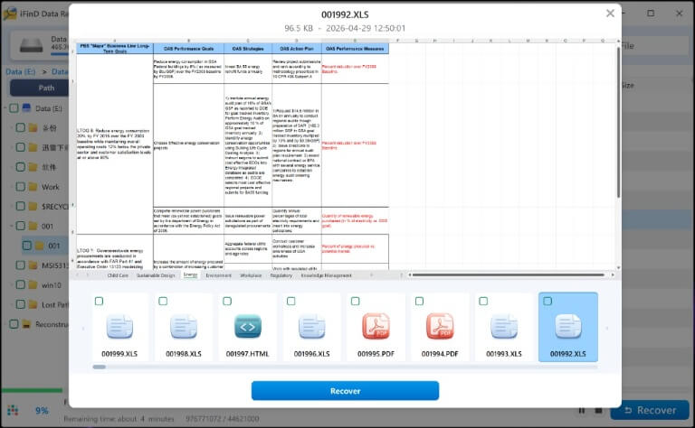 Previewing the data grid of a recovered Excel spreadsheet directly inside iFinD Data Recovery